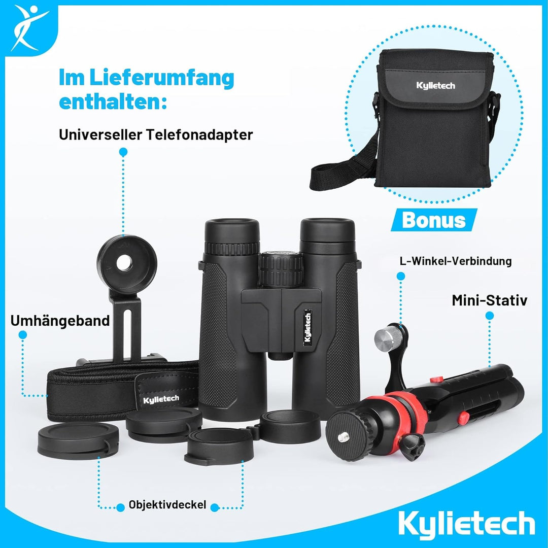 Fernglas Kylietech 12X 42 für Erwachsene, Wasserdicht Hochleistungs Ferngläser mit Tragegurt, Traget