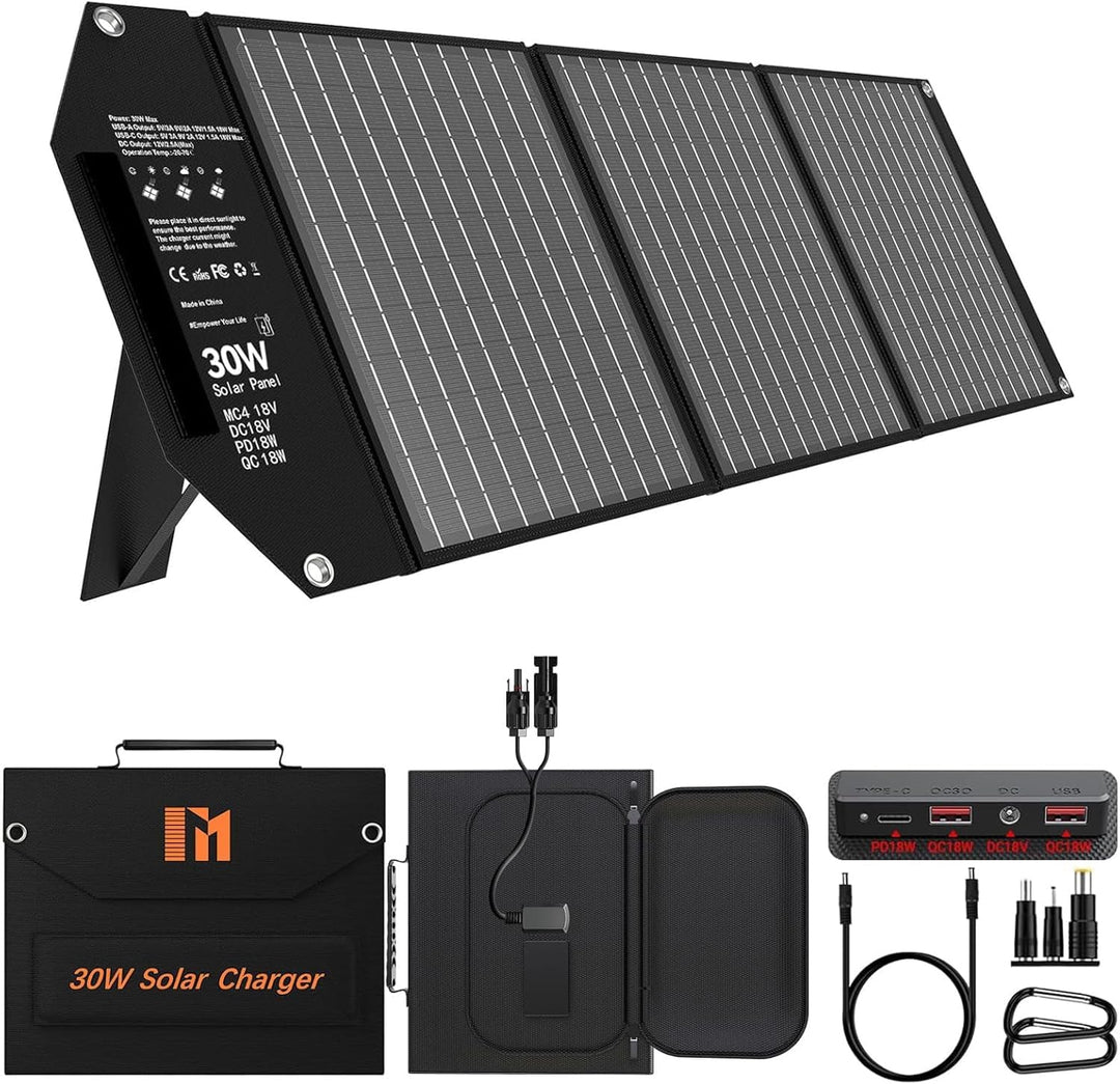 Mesuvida 30W Solarpanel Faltbar mit 5 Anschlüssen, 18V MC4 höhere Leistung /12 V DC/QC 3.0 USB-A und