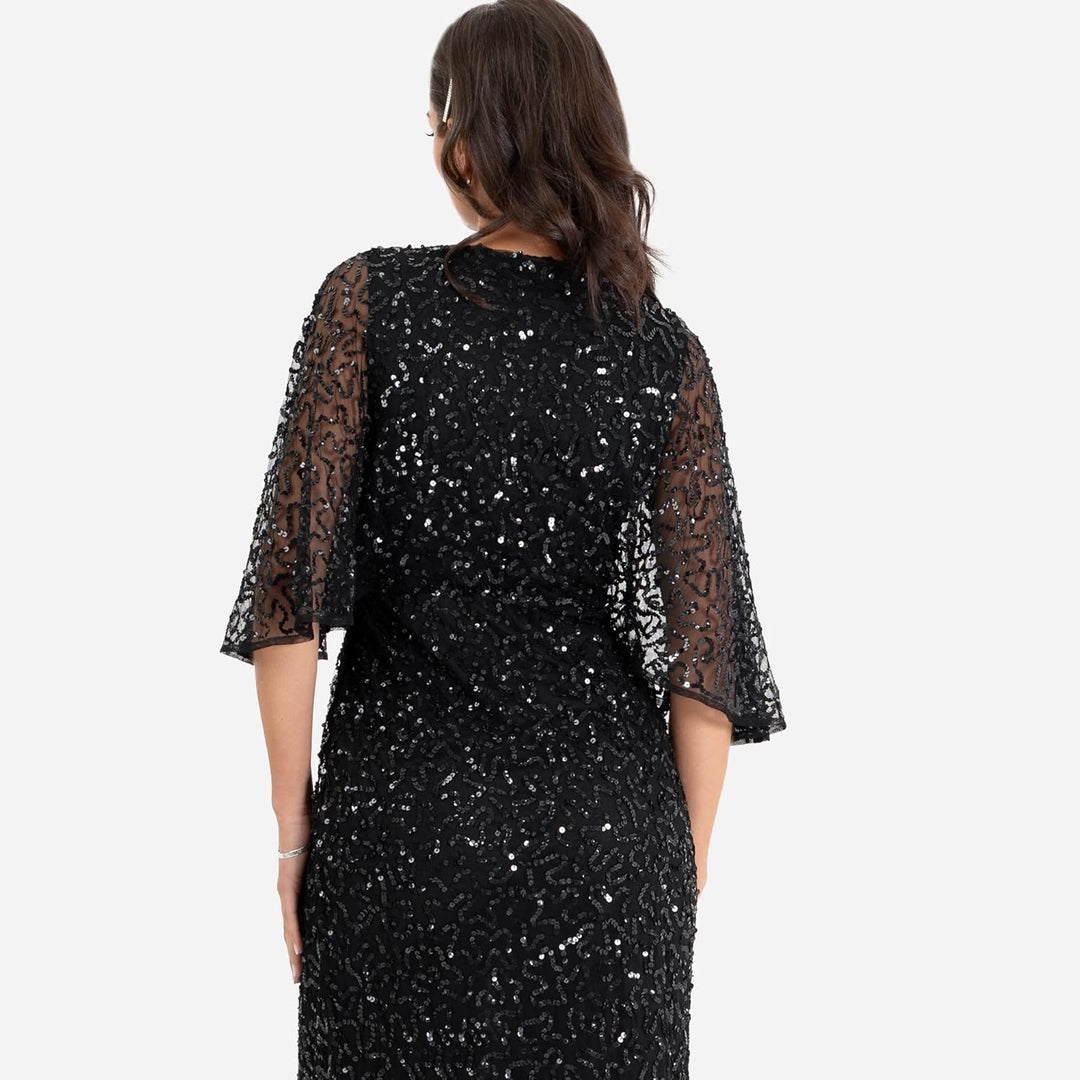 Maya Deluxe Damen Womens Midi Ladies Sequin Embellished Cape Sleeve Wrap Dress for Wedding Guest Bri