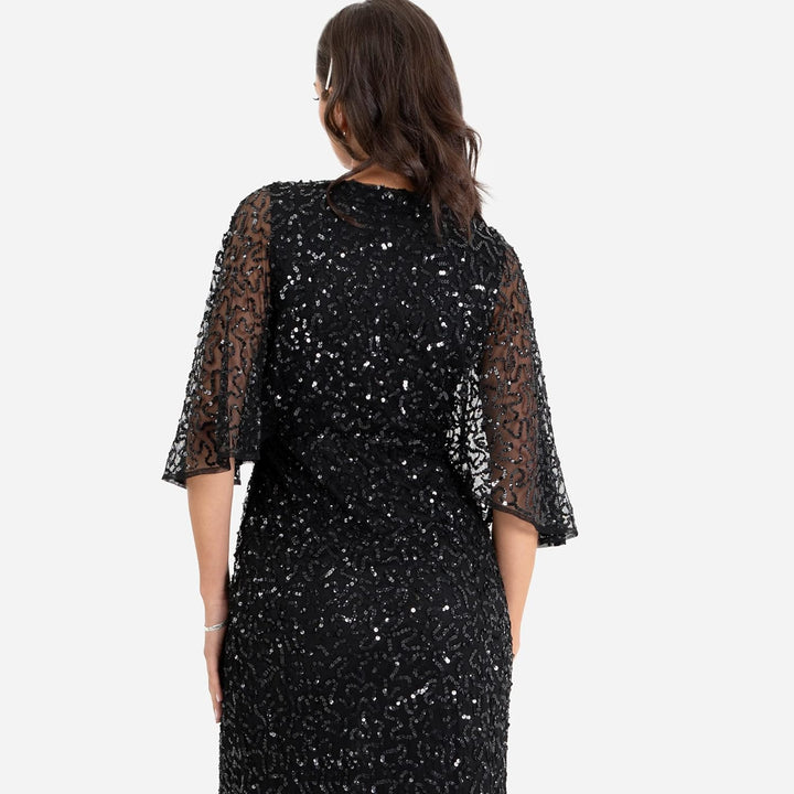 Maya Deluxe Damen Womens Midi Ladies Sequin Embellished Cape Sleeve Wrap Dress for Wedding Guest Bri