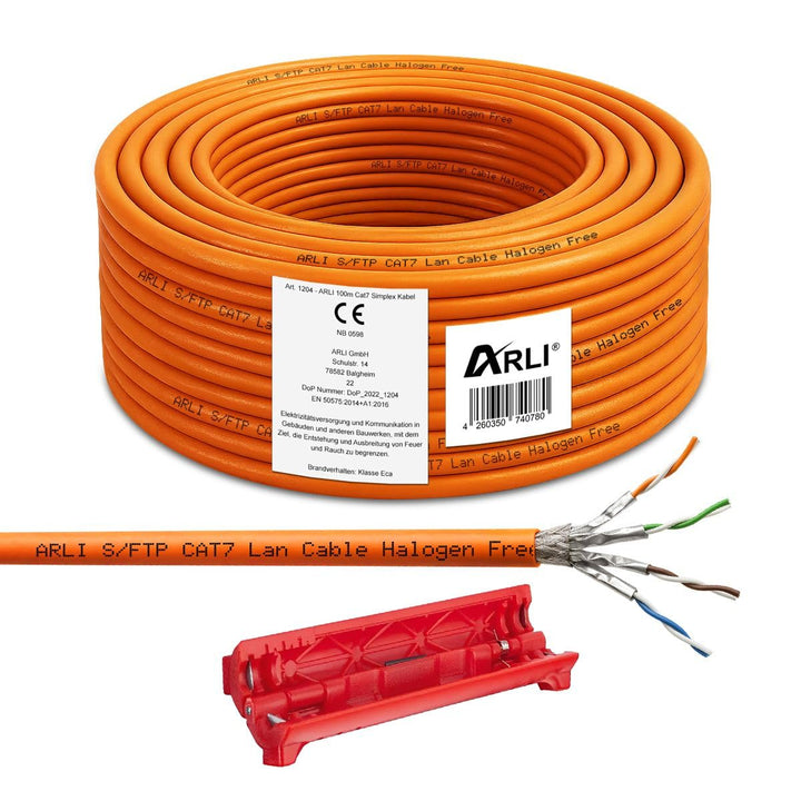 ARLI Cat7 Verlegekabel 100 m Netzwerkkabel inkl. Abisoliermesser CAT.7 LAN Halogenfrei Installations