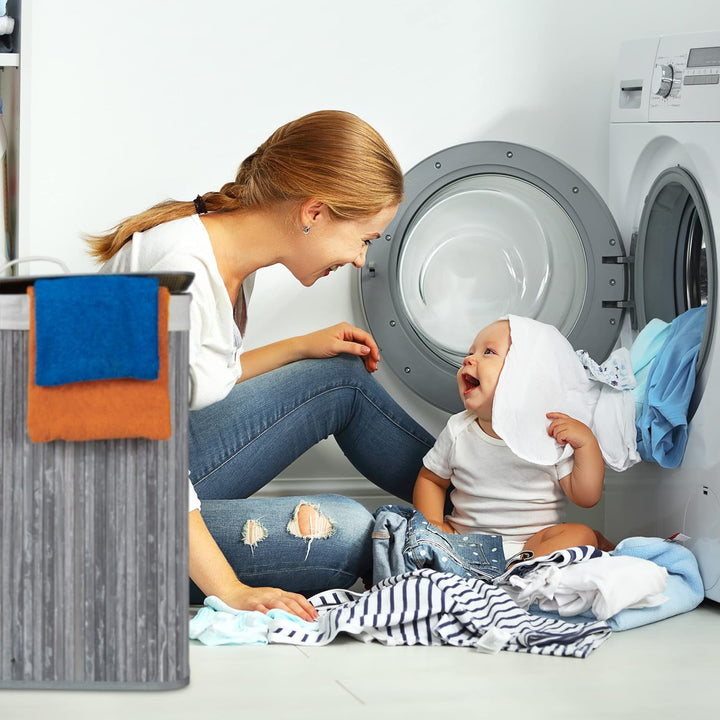 Relaxdays Wäschekorb Bambus mit Deckel, rechteckiger Wäschesammler, 2 Fächer, 95 l Volumen, faltbare