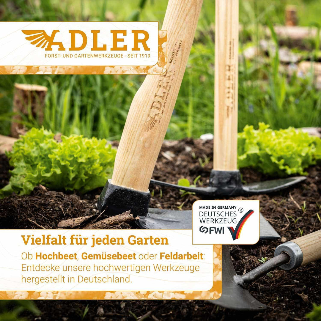ADLER Garten-Set 3-TLG. – Geschmiedete Hacke, Kleinhacke Ivy &amp; Pflanzkelle Holly – 45 cm Eschenholz-