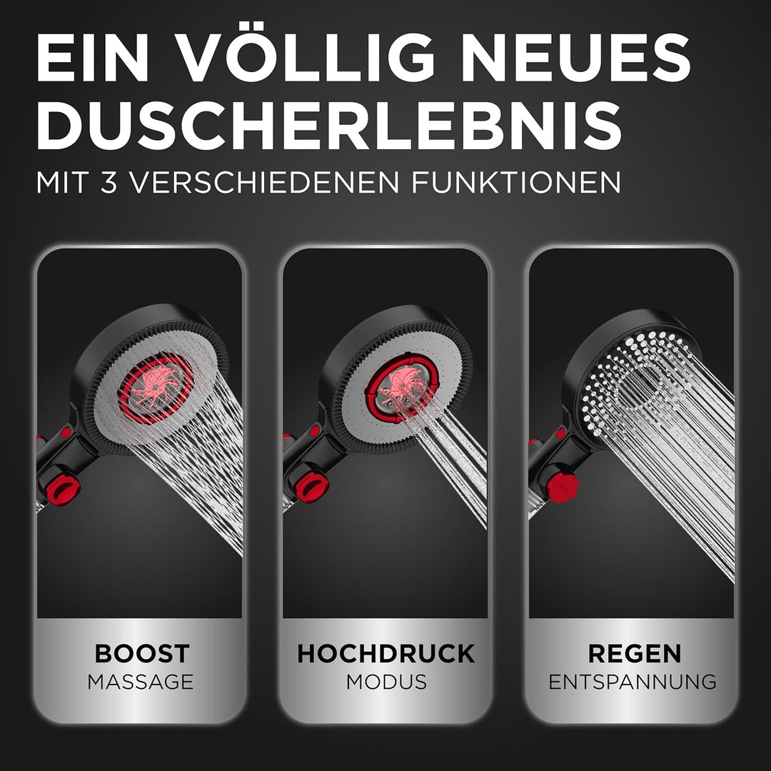 LOBENSWERK Duschkopf Schwarz Matt [3 Funktionen] mit natürlichen Mineralperlen für reines Wasser & H