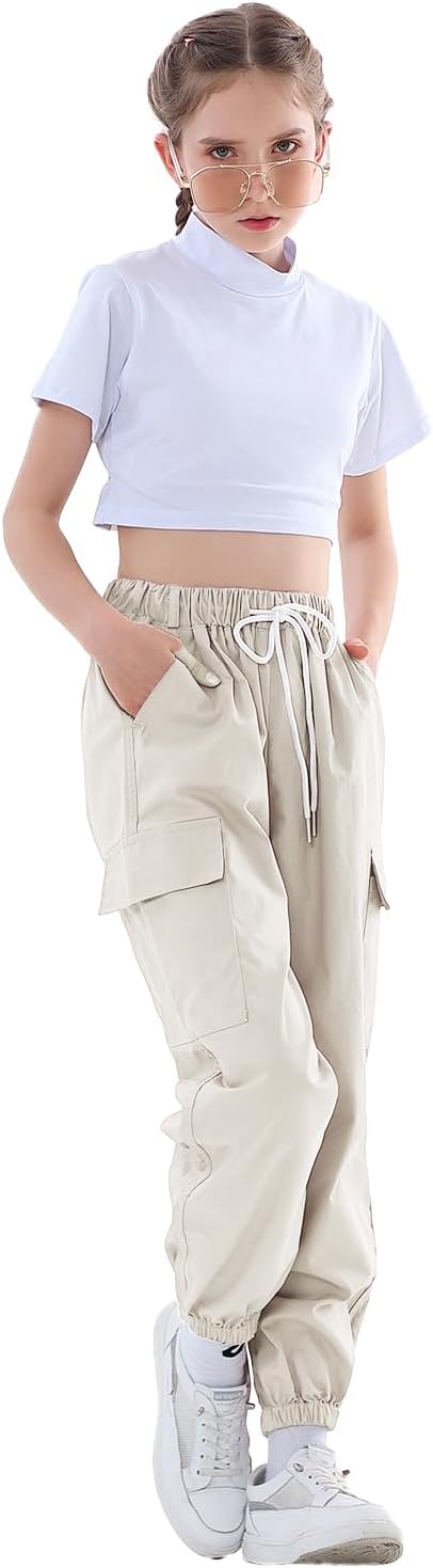 Rolanko Kinder Cargo Hose Elastische Taille Jogger Tanz Hose für Mädchen Streetwear Hip Hop, Beige 1