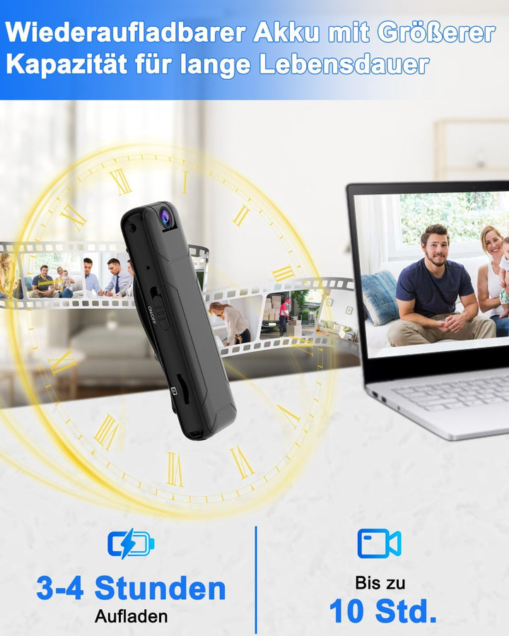 Bextgoo Body Cam, Mini Kamera ohne WLAN, 1080P Kleine Kamera mit 32GB TF Karte,10 Stunden Akkulaufze