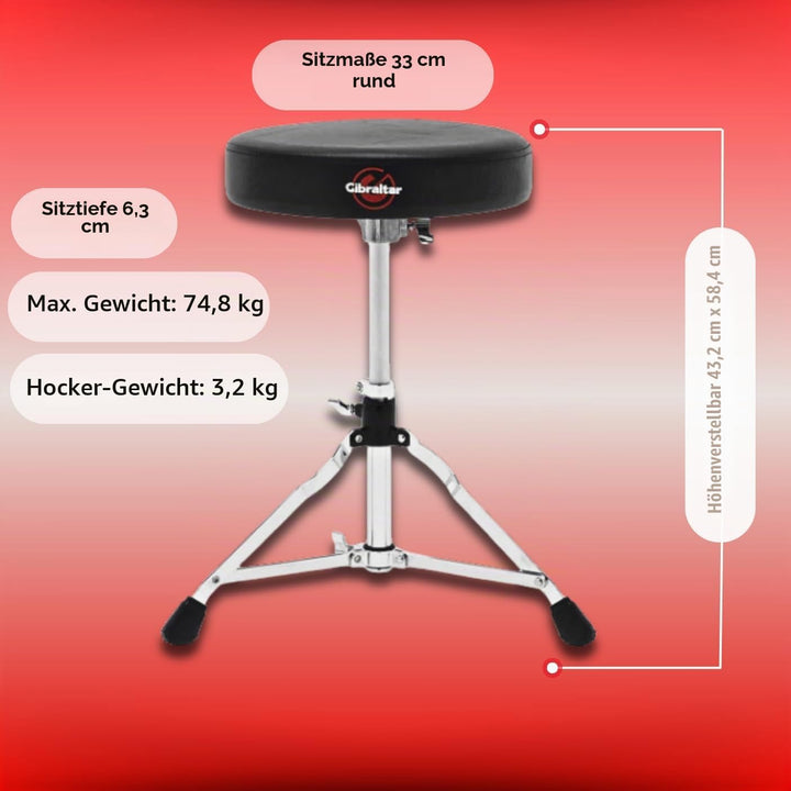 Gibraltar Schlagzeughocker, Drumhocker 5000 Series (runder SitzDurchmesser: 33cm, Vinyl Sitzfläche,