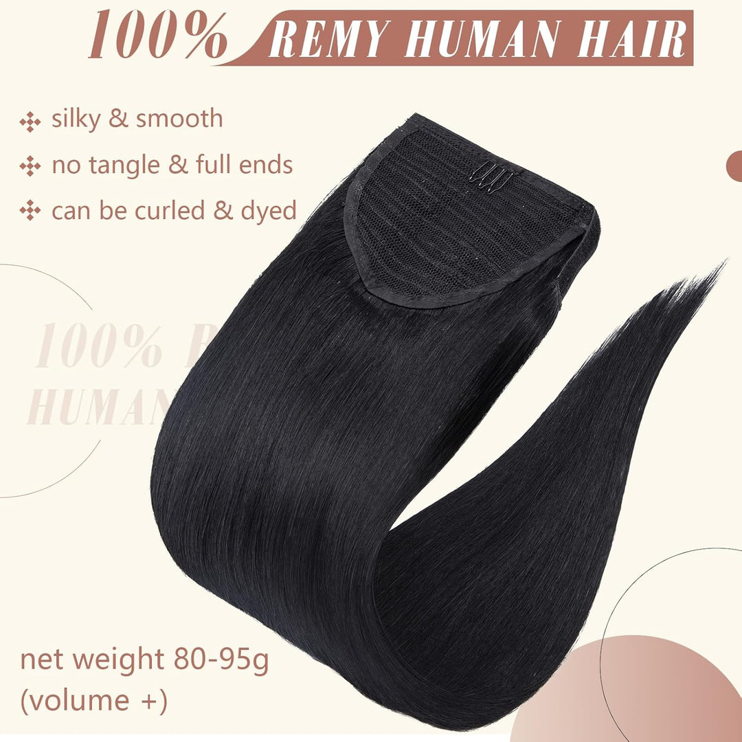 Elailite Ponytail Extension Echthaar #1 Schwarz, Haarverlängerung Zopf Haarzopf Pferdeschwanz Haarte