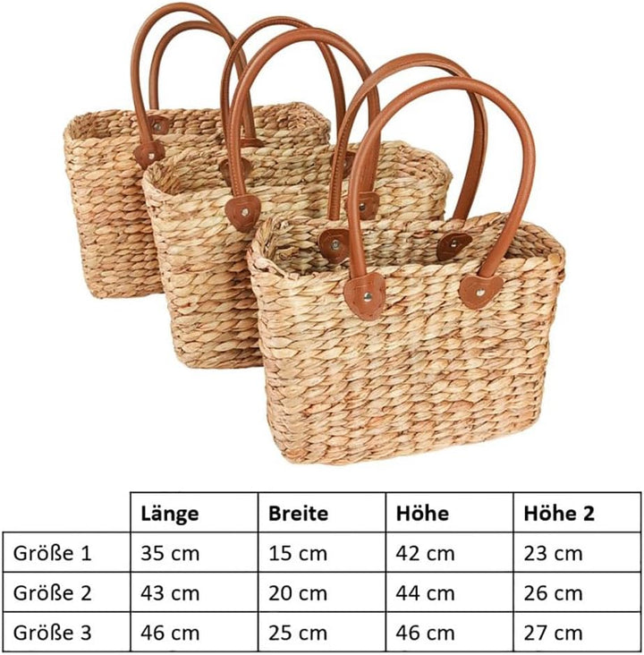 Kobolo Tasche Korbtasche Set aus Wasserhyazinthe - Kunstlederhenkel - eckig 3er Set