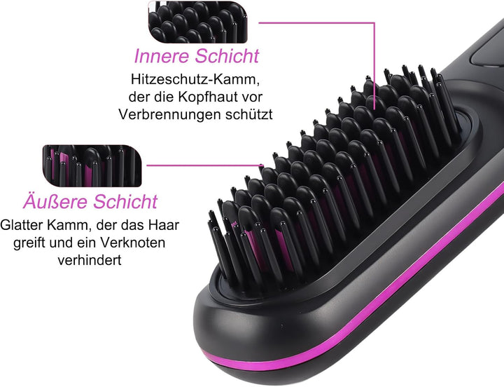 Glättbürste Kabellos - Glättbürste Kabellos mit 3 Wärmestufen, Tragbarer Stylingbürste für Kurze Haa