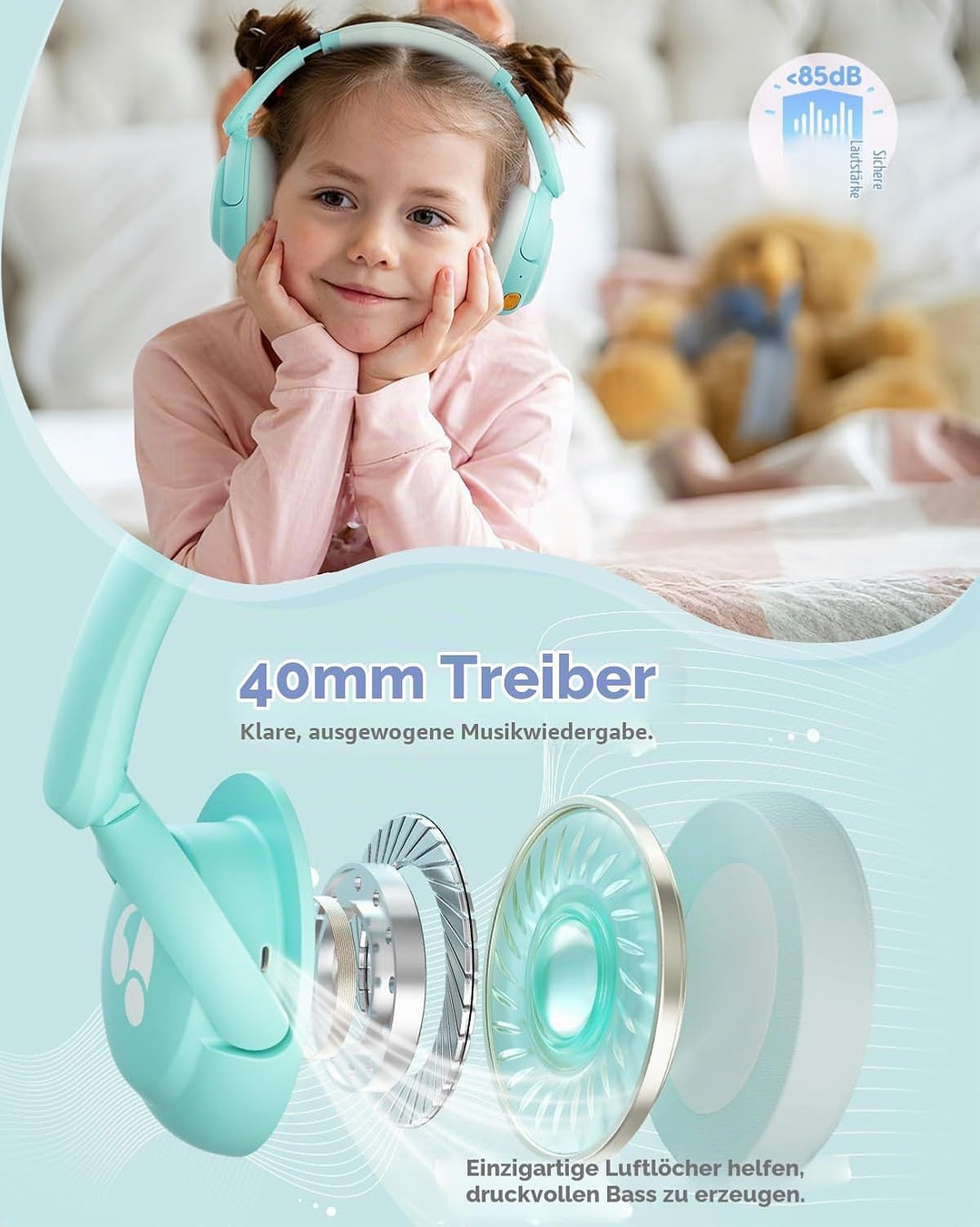 Bluetooth Kopfhörer Kinder, 85dBA Sicheres Volumen, Bluetooth 5.4, BPA Frei/CPC Zertifiziert, 75 Std