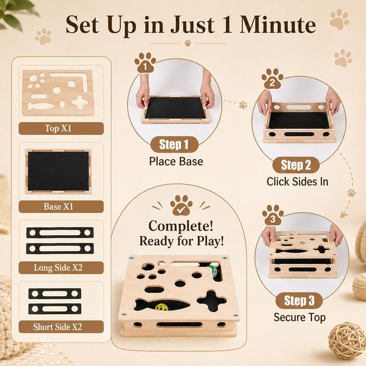 2 in 1 Katzen Kratzpuzzle Box, Beschäftigungsbox Krallenfeile mit 3 Glockenbällen, Katzen Krallenpfl