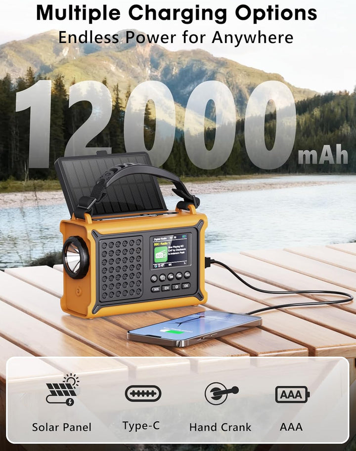 ROCAM DAB+/UKW Radio mit Bluetooth, 12000mAh Kurbelradio mit 8500mm² Solarpanel & 650mA Kurbel, Trag