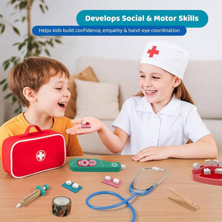 Arztkoffer Holz Set - Doktorkoffer 34-TLG. Rollenspiel mit Spritze, Zähnen, Stethoskop, Zahnbürste &