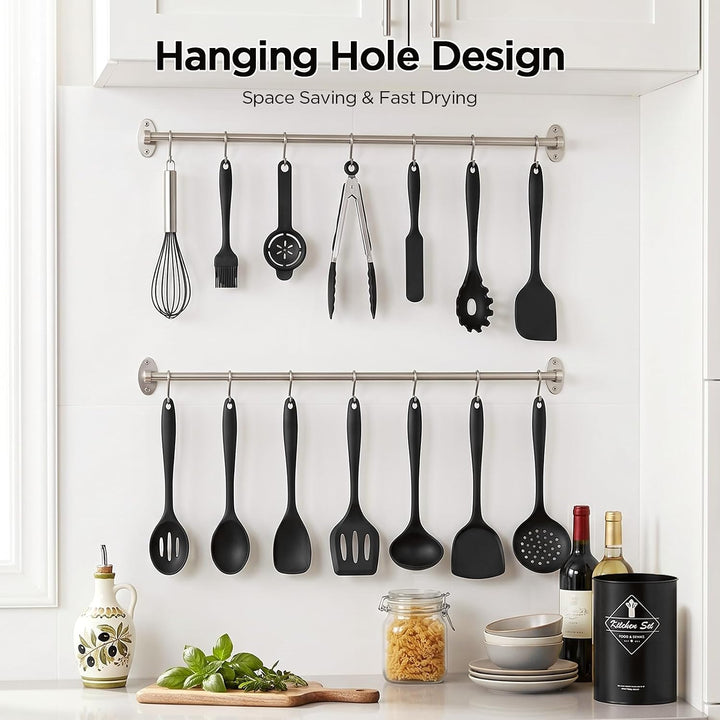 AiQInu 15 Stück Küchenhelfer Set, Lebensmittelechtes Silikon & Edelstahl Kochutensilien mit Aufbewah