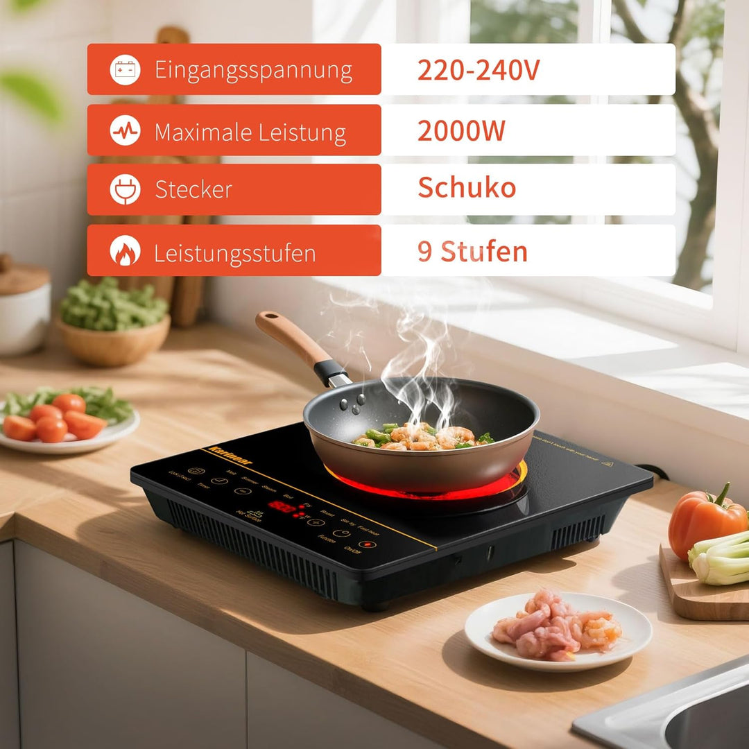 Karinear Glaskeramik Kochfeld 1 Platte Tragbar mit Orangefarbenem Muster, 650 °C Max, Keramik Kochfe