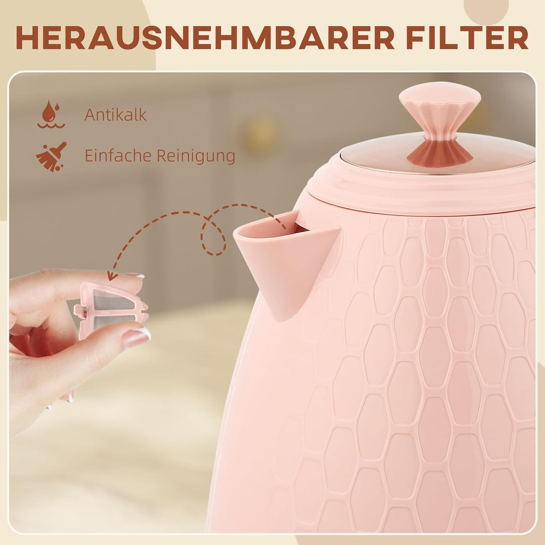 HOMCOM Elektrischer Wasserkocher, 1,7L, Schnellkochfunktion, 2,2kW, Kabellos mit herausnehmbarem Ant