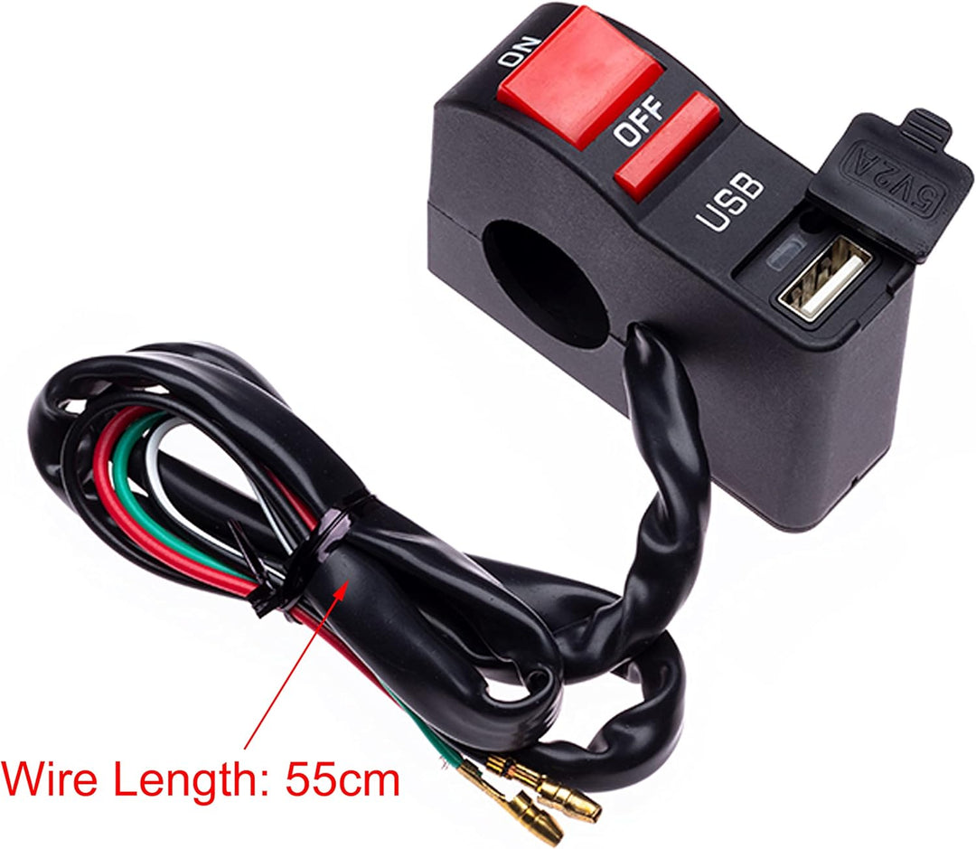 Motorrad Ein-/Aus-Schalter mit USB-Ladeanschluss, Buchse für Handy, Navi, GPS, passend für 22 mm Len