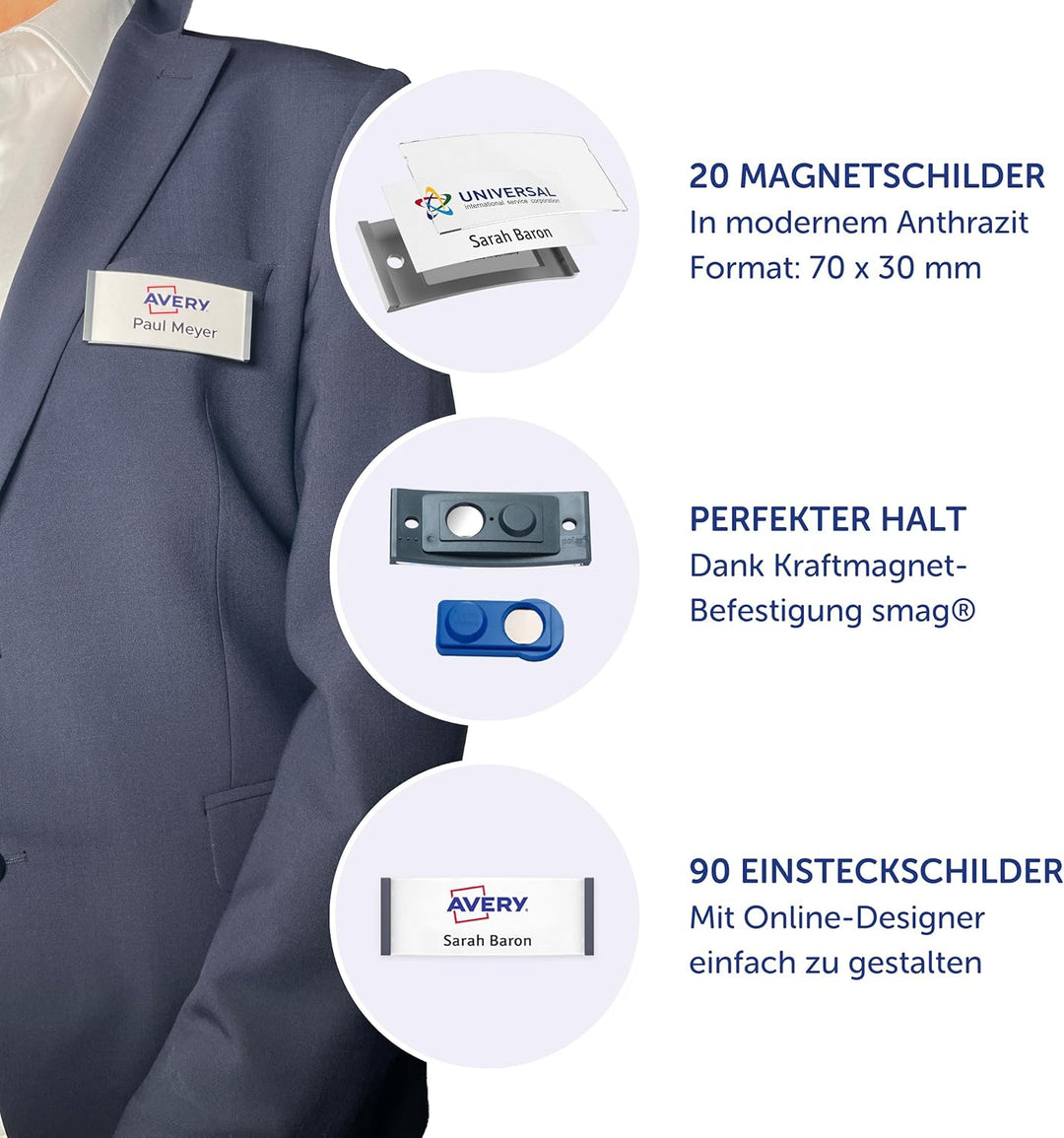 Badgepoint Namensschild Komplettset (20 Schilder inkl. Druckbogen und Vorlagen für PC, 70 x 30mm, an