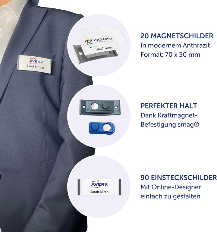 Badgepoint Namensschild Komplettset (20 Schilder inkl. Druckbogen und Vorlagen für PC, 70 x 30mm, an