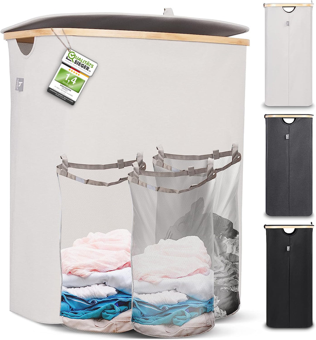 Hennez Wäschebox 150L - Wäschekorb 3 Fächer - Deckel - Wäschesortierer mit Wäschesack - Laundry Bask