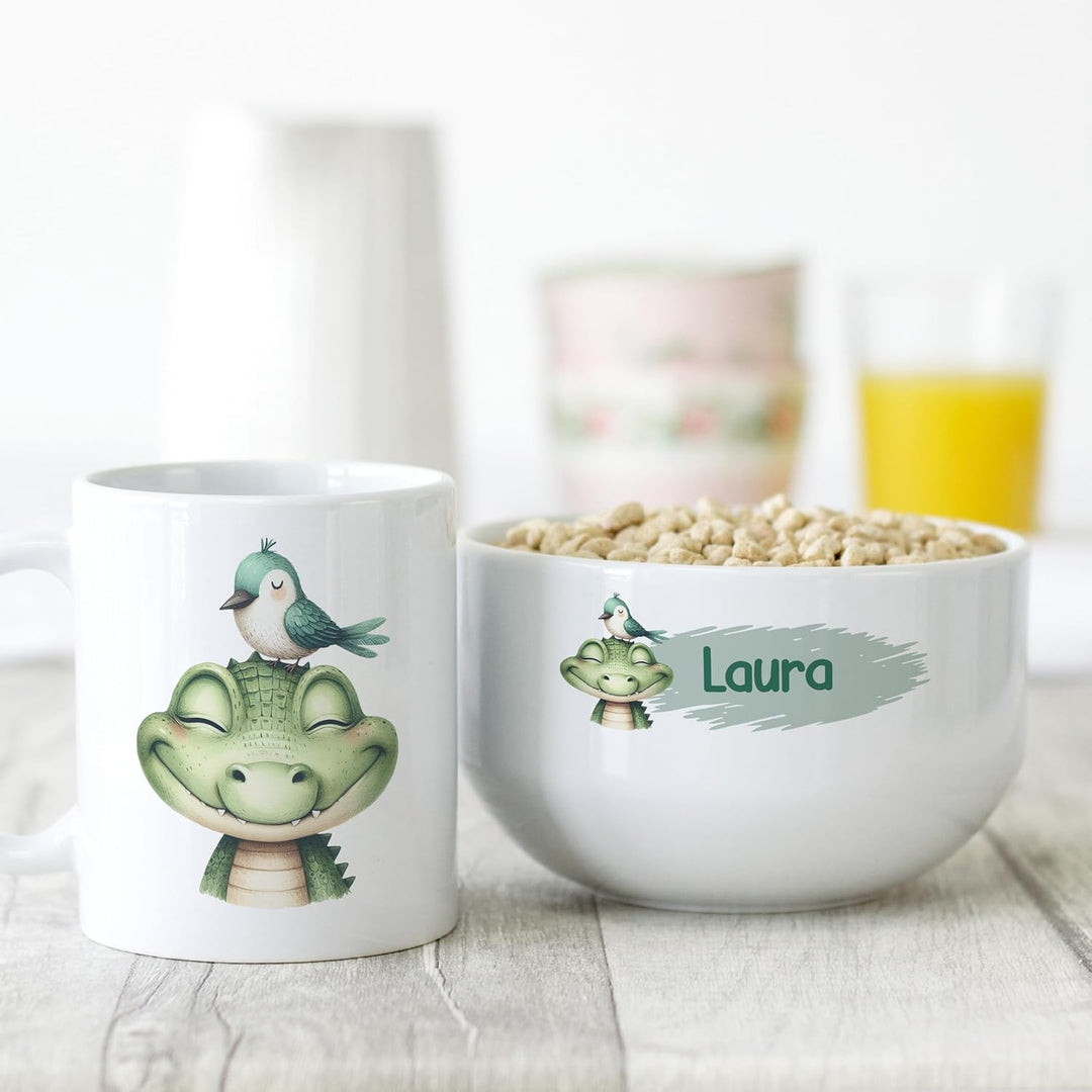 GRAZDesign Frühstückset Tasse mit Müslischale personalisiert für Kinder Krokodil Motiv aus Keramik -