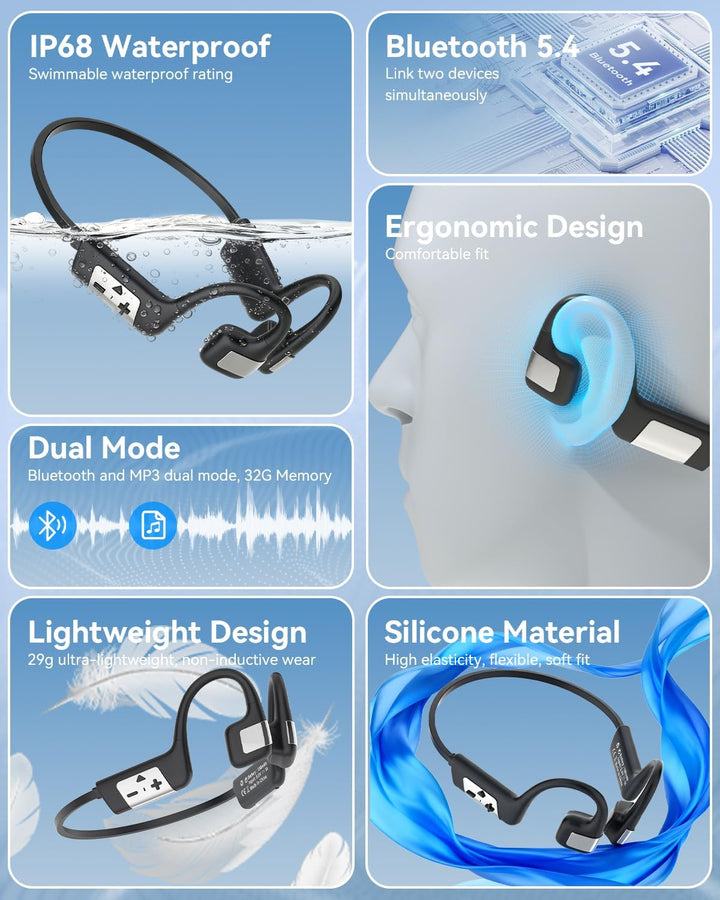 MONODEAL Kopfhörer Schwimmen knochenschall kopfhörer Bluetooth 5.4 IP68 Unterwasser Kopfhörer 32G MP