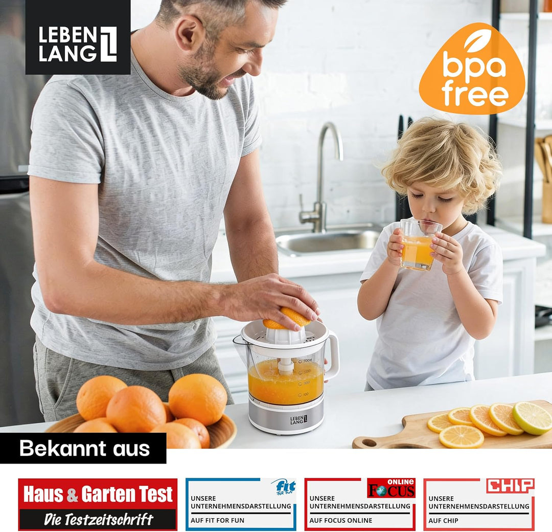 LEBENLANG Zitruspresse elektrisch - 2 Kegel &amp; BPA-Frei I Hohe Saftausbeute I 700ml Orangenpresse ele