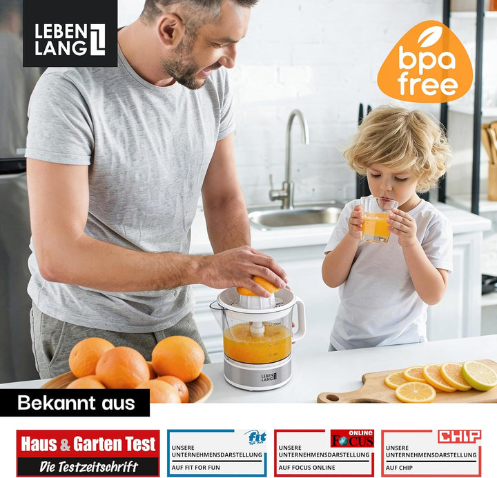 LEBENLANG Zitruspresse elektrisch - 2 Kegel &amp; BPA-Frei I Hohe Saftausbeute I 700ml Orangenpresse ele