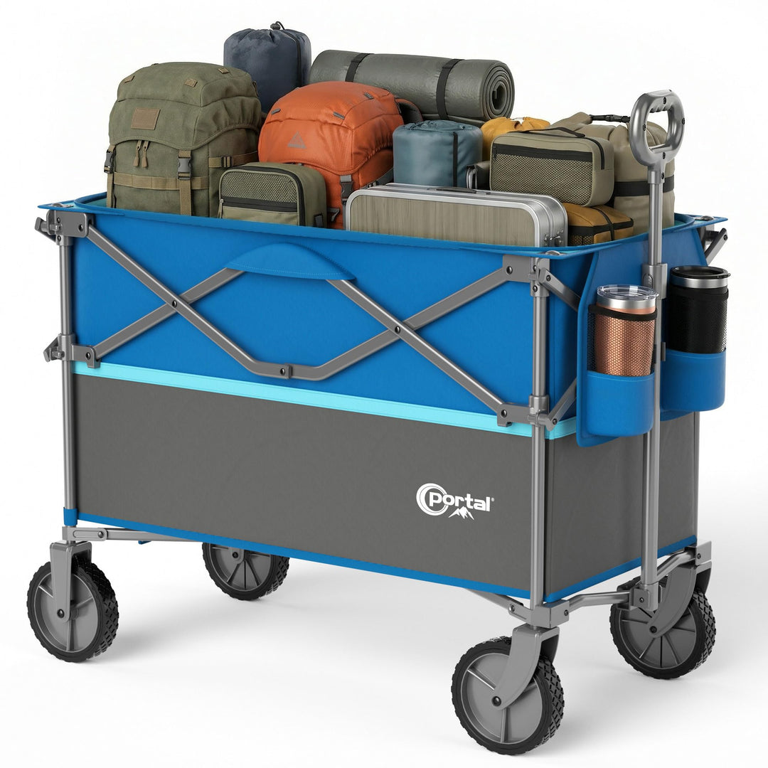 Portal Bollerwagen faltbar 225L XXL Grosse Ladefläche Handwagen mit Getränkehalter Seitentasche Tran
