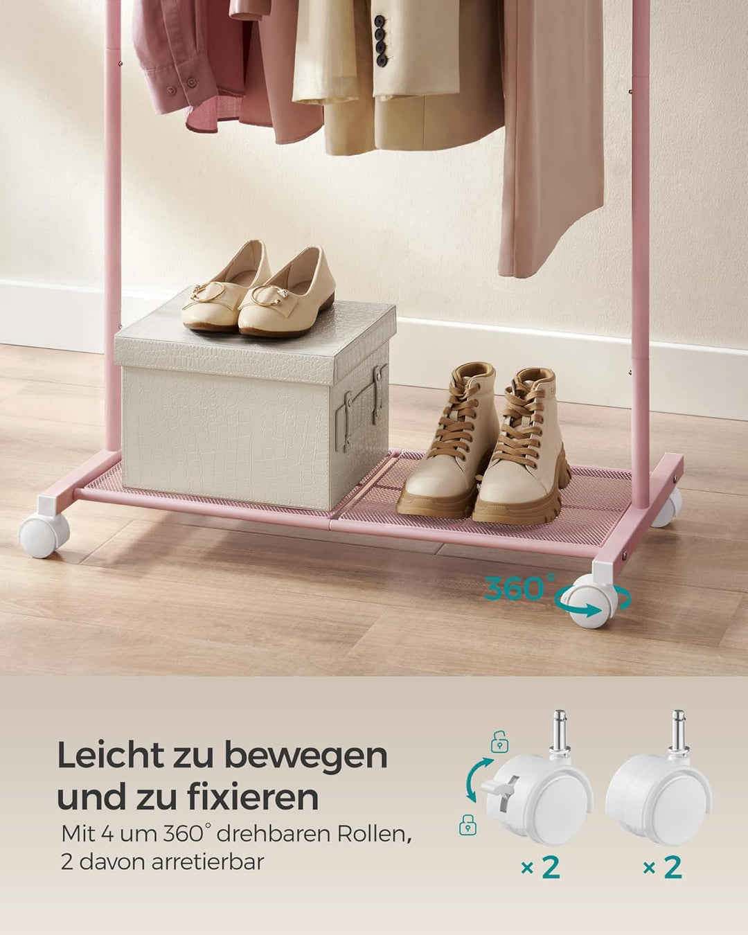 SONGMICS Kleiderständer, Kleiderstange auf Rollen, Garderobenständer 74 cm breit, Rollgarderobe mit
