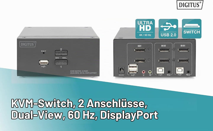 DIGITUS KVM-Switch 2-Port 4K DP Dual Display Switch 2 Computer – Dual-Monitor Input: DisplayPort, 2