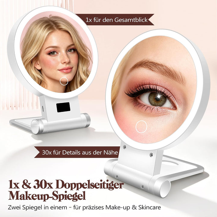 B Beauty Planet 30X/1X Kosmetikspiegel mit Beleuchtung, Digitaler Batterieanzeige, 4-in-1-Ständer, D
