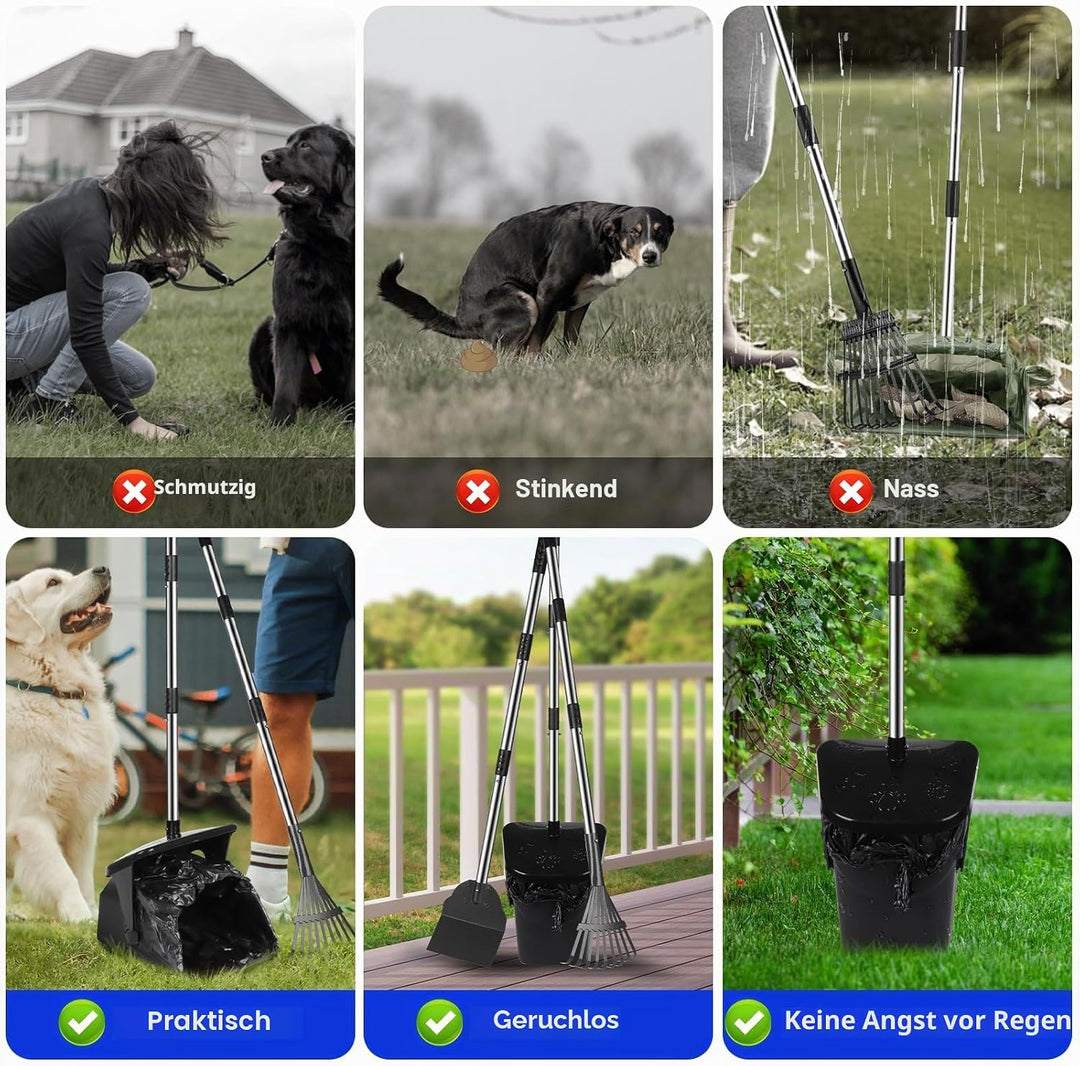 3 Pack Hundekotschaufel, 100CM Länge Griff Pooper Scooper Dreheimer, Rechen und Spaten mit 20 Abfall