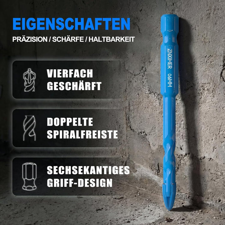 Fliesenbohrer Diamantbohrer Glasbohrer Set 5-tlg. 5, 6, 8, 10 mm + 6 mm Karbidbohrer für Keramik, Gr