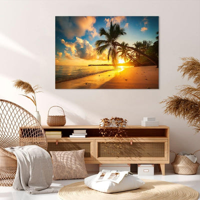 Bilder auf Leinwand 100x70cm Leinwandbild mit Rahmen Meer Strand Palme Gross Wanddeko Bild Schlafzim