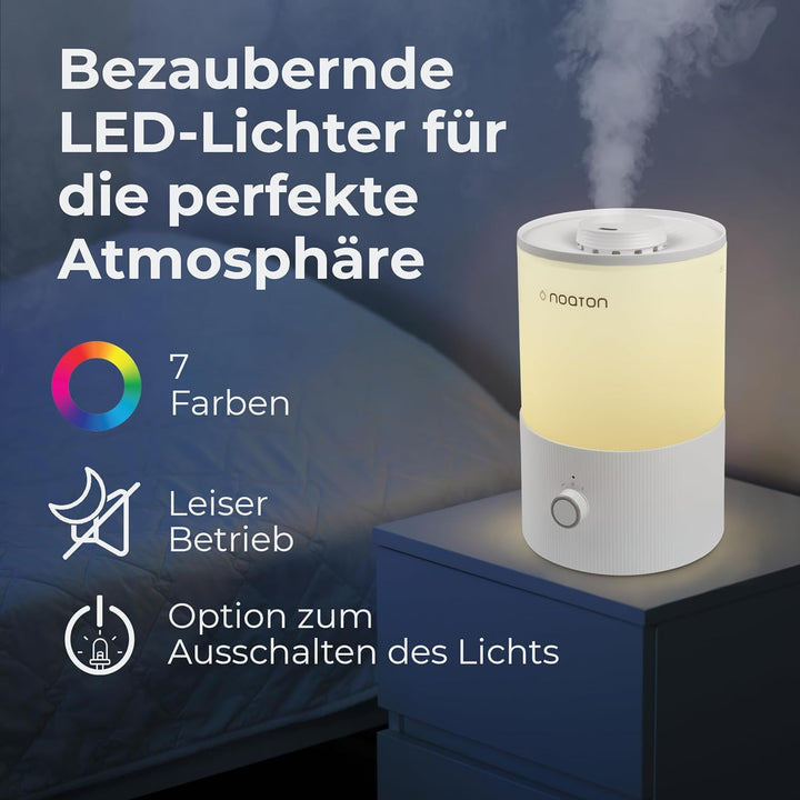 Noaton Essential Luftbefeuchter, 2 ätherische Öle inklusive, 3,3L Top-fill, 33H Laufzeit, 7-Farben-N