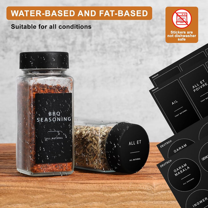 Gewürzgläser Eckig Set [24x 120ml] mit Schwarzer Deckel, 243 Wasserfeste Label, Gewürzdosen Gewürzst