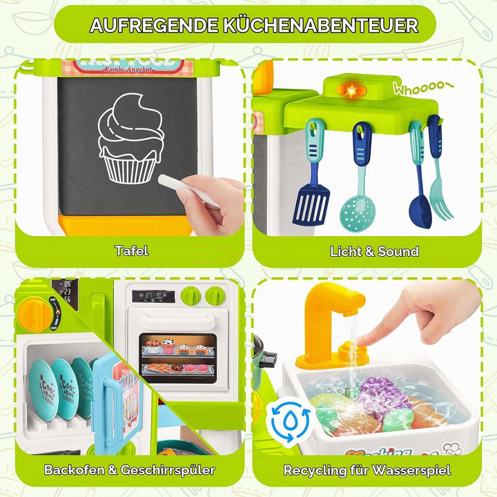 deAO Kinderküche Spielküche mit Wasserfunktion &amp; Dampf, 54 Stck. Höhenverstellbar Küchenspielset mit