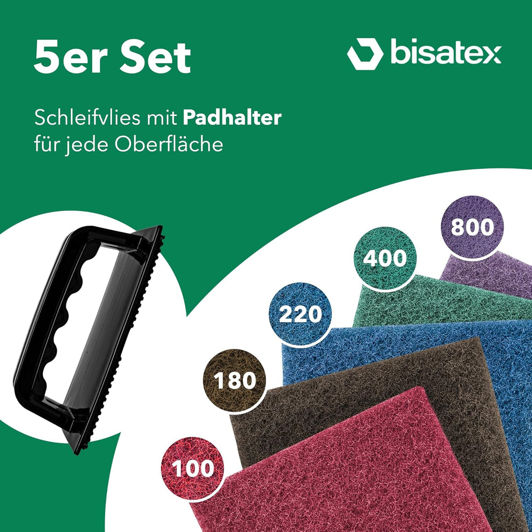 BISATEX® Schleifvlies 5er Set verschiedene Körnungen P100-800 - Langlebige & zuschneidabre Schleifpa