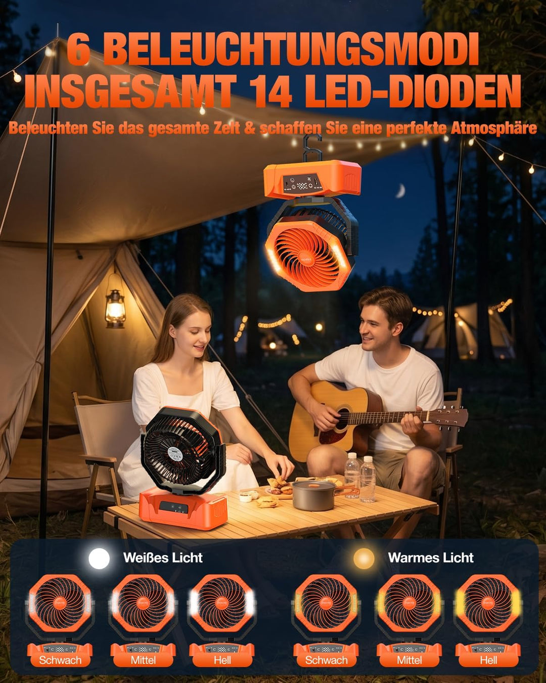 Camping Ventilator mit 24000mAh Akku Wiederaufladbar, HD Digitalanzeige |USB| LED-Licht| Timer, 6 Ge
