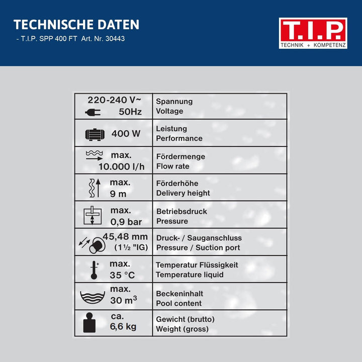 T.I.P. Poolpumpe Filterpumpe Umwälzpumpe SPP 400 FT mit Timer und Vorfilter 30443 & Schlauchanschlus