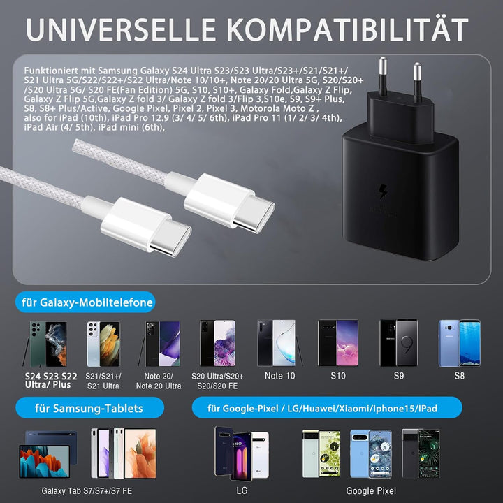 2 Pack 45W USB C Schnellladegerät mit 1.5m USB-C Ladekabel, PPS-Schnellladen Stecker für Samsung Gal