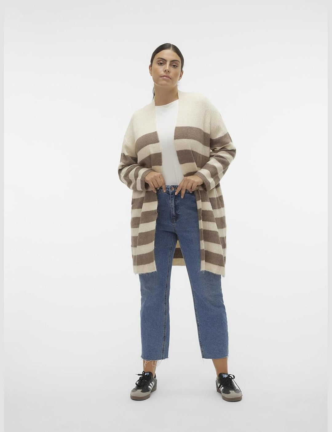 VERO MODA CURVE Damen Vmcphiline Ls Open Cardigan Ga Boo Strickjacke L Grosse Grössen Birch/Stripes: