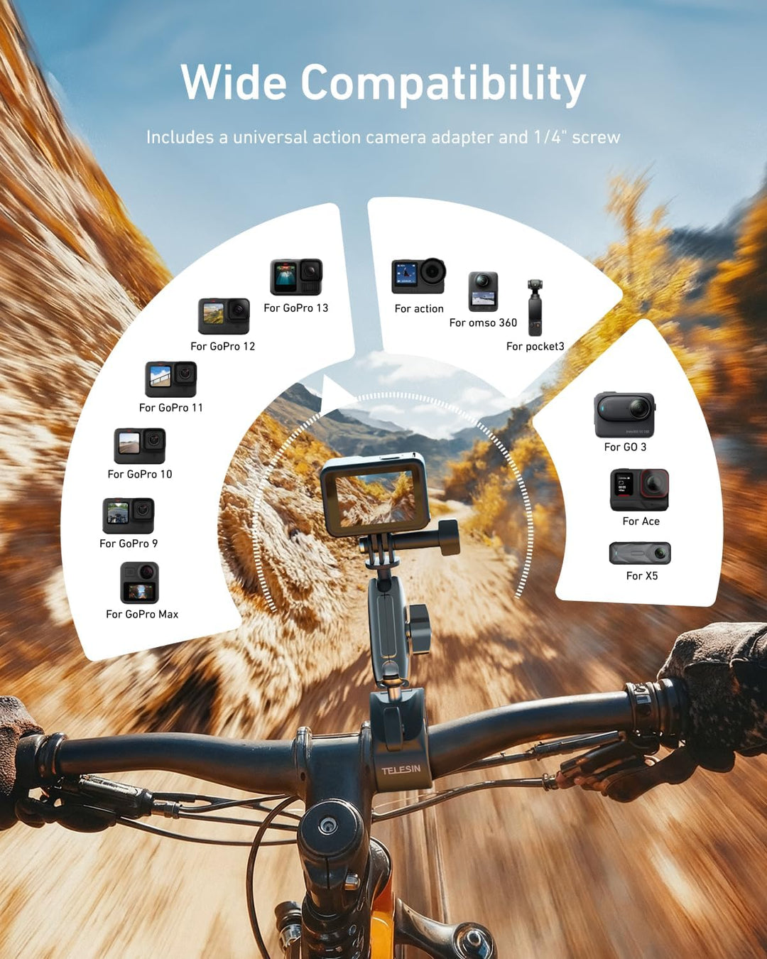 TELESIN Motorradfahren Krabbenklaue Klemme Magic Arm 360° Einstellung Super Klemme 1/4" Schraube für