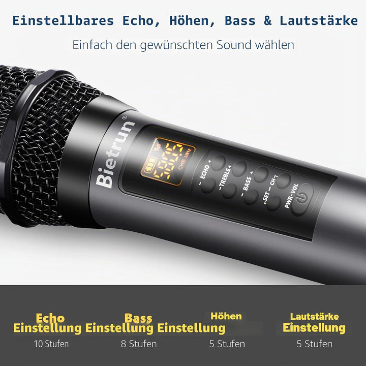 Bietrun Kabellose Mikrofone mit Echo, Höhen, Bass und Bluetooth, 160 m Reichweite, tragbares UHF-Han