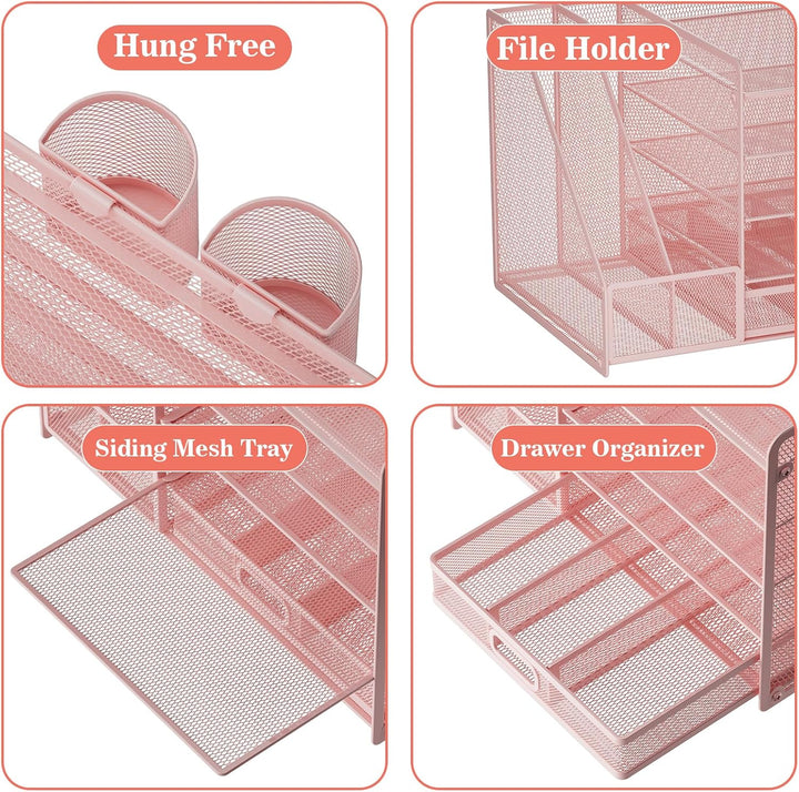 Schreibtisch Organizer mit Aktenhalter, 5-stufiger Papier Organizer mit Schublade und 2 Stifthaltern
