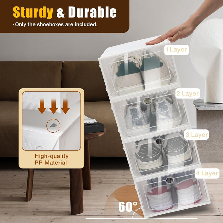 24 Stück Schuhboxen Transparent Weiss Schuhe Box, Plastik Schuhaufbewahrung Box Stapelbar Aufbewahru