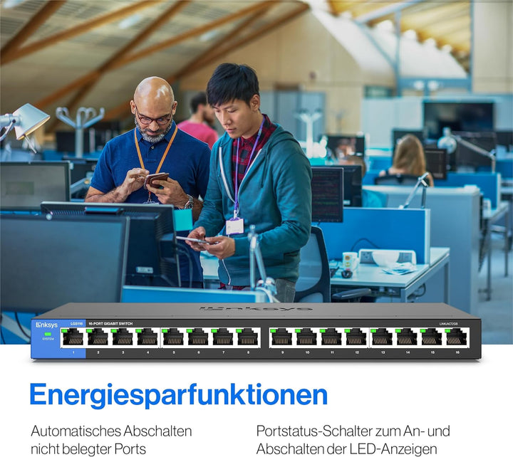 Linksys LGS116-EU 16-Port Unmanaged Gigabit-Netzwerk-Switch – Ethernet-Switch/Hub mit Metallgehäuse,