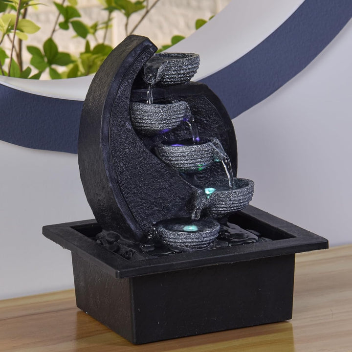 Zen'Light - Zimmerbrunnen Wasserfall V2 4 Ebenen in Natursteinoptik mit farbigem LED-Licht - Moderne